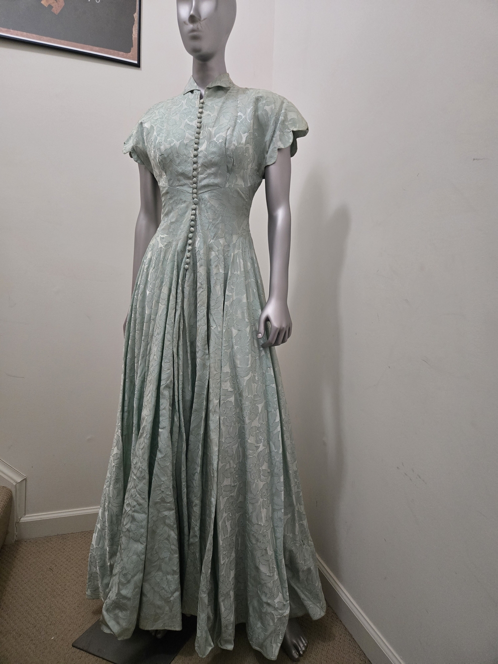 Vintage Sage Green Maxi Dress with Button Front
